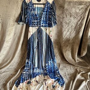 Hale Bob Blue & White Printed V-Neck Maxi Dress